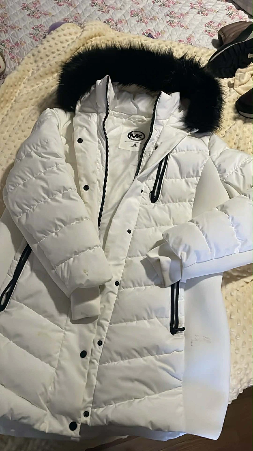 Michael Kors White Puffer Coat with Black Fur Hood - XL
