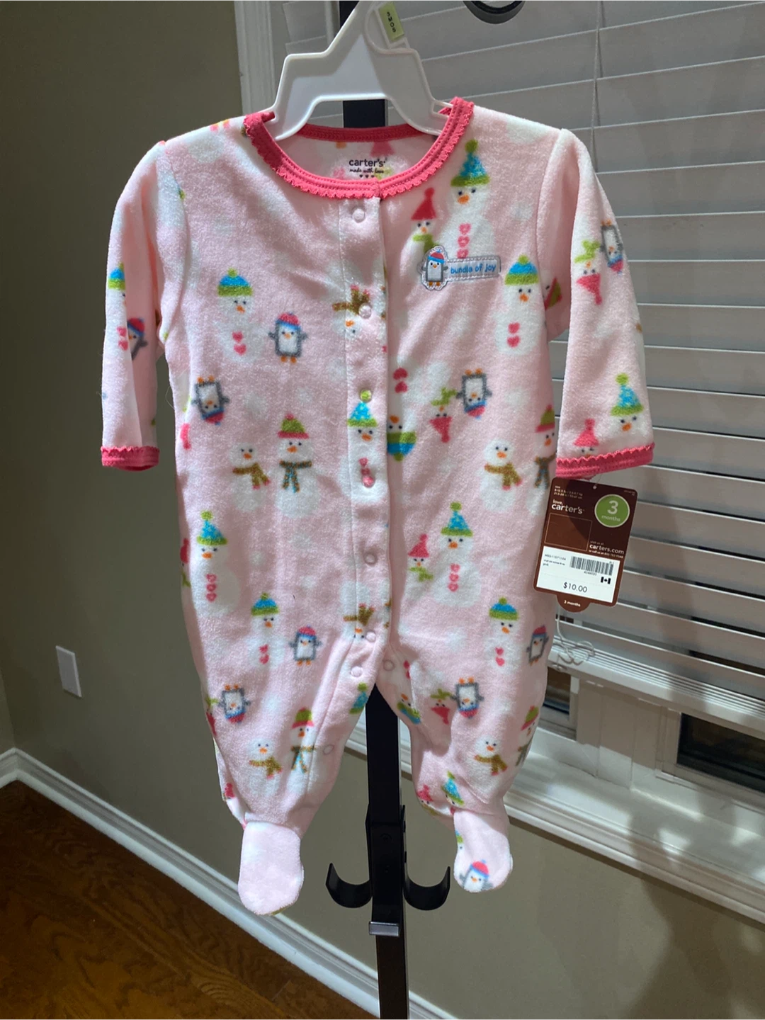 Carters Pink Snowman & Penguin Fleece Footed Pajamas - 3 Months