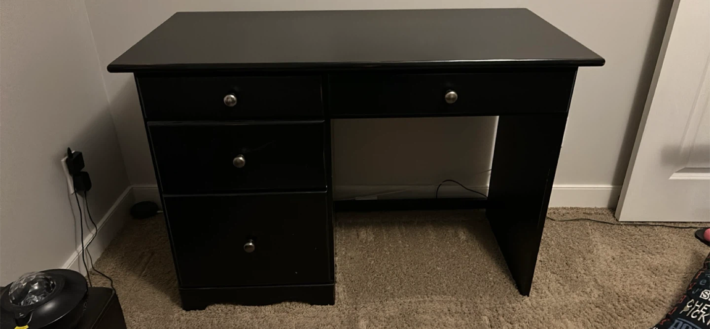 Dark Brown Weathered Desk w/ 4 Drawers & Chair