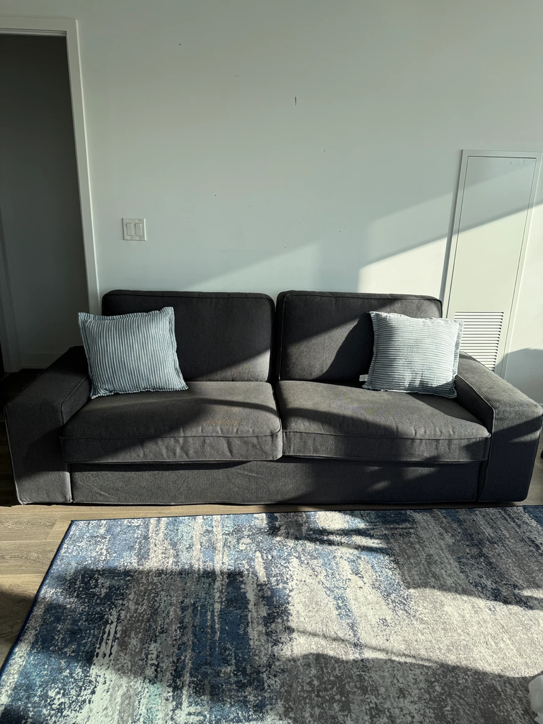 IKEA KIVIK, Dark Grey Sofa with Light Blue Pillows