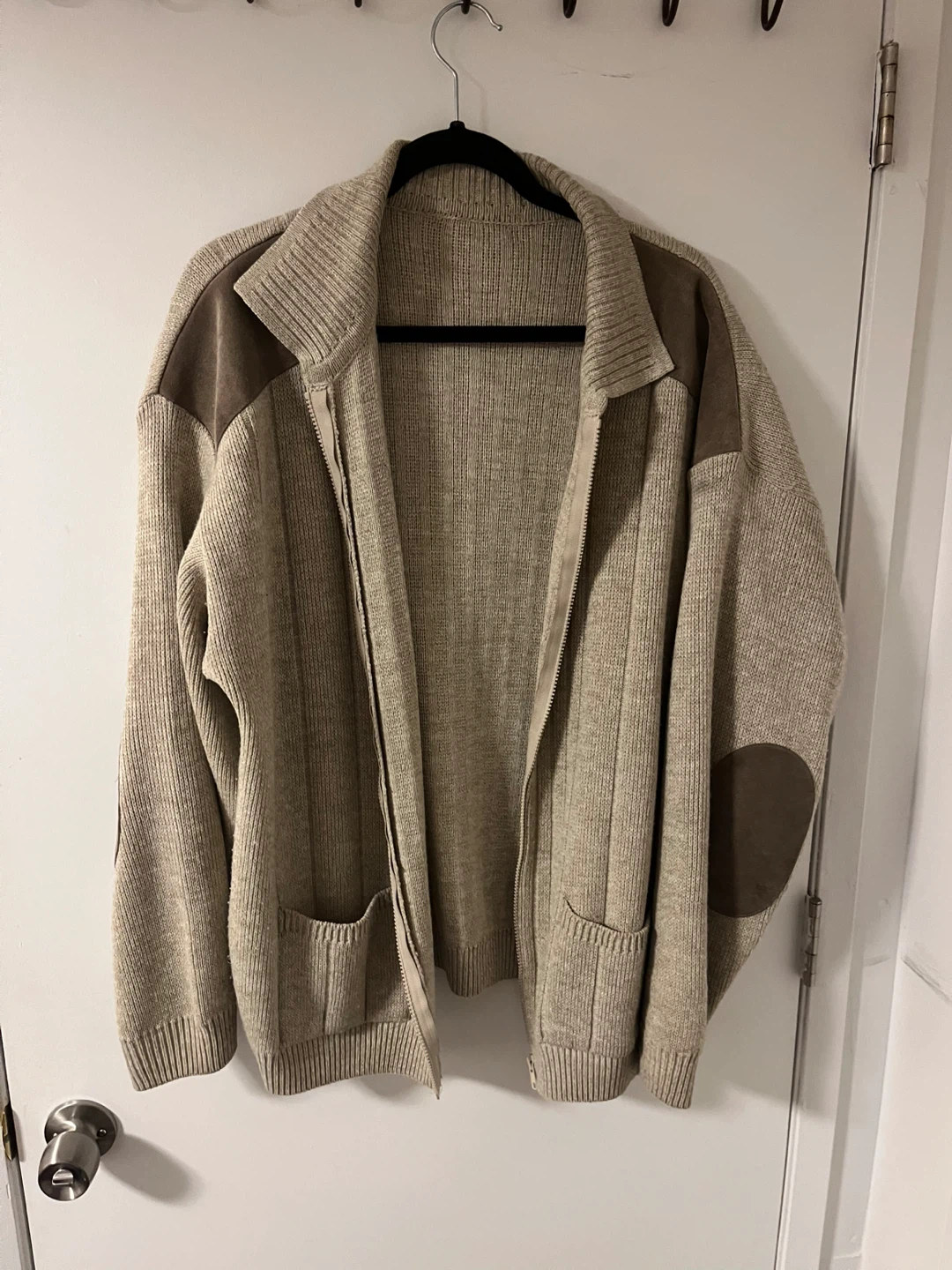 Tan Knit Zip-Up Cardigan with Suede Accents