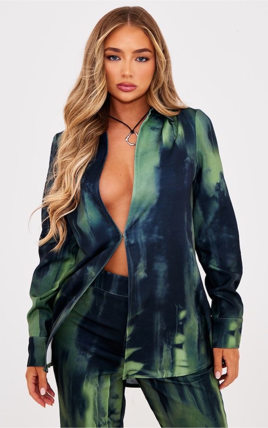 PrettyLittleThing Green Abstract Shirt & Trouser Set (Size 4)