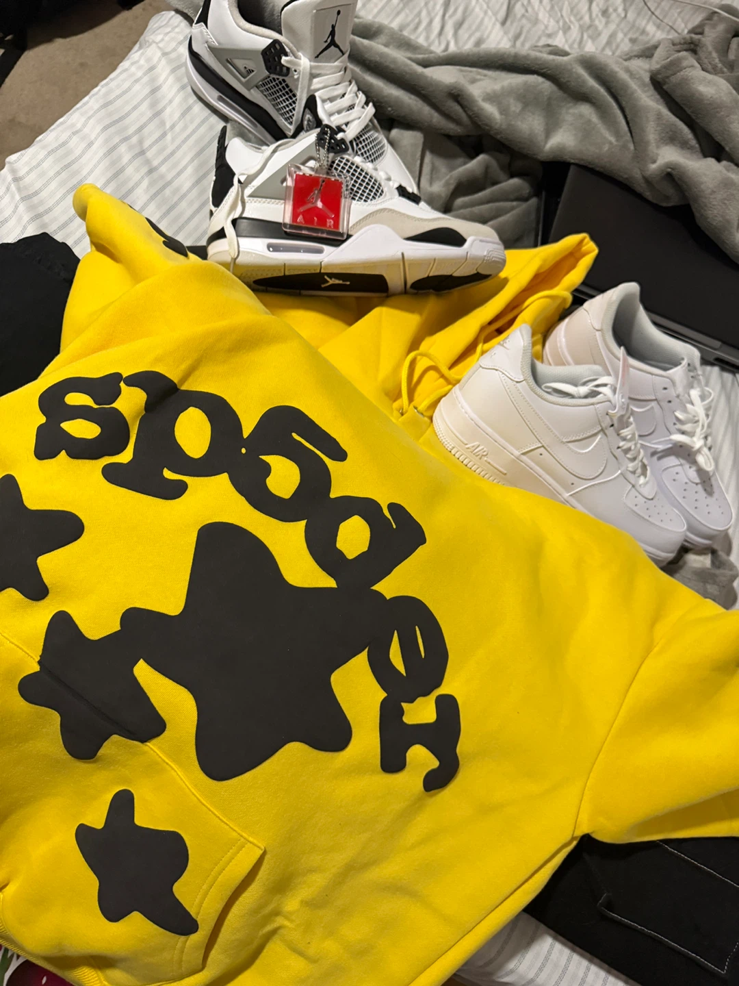 Yellow Sp5der Hoodie with Black Stars