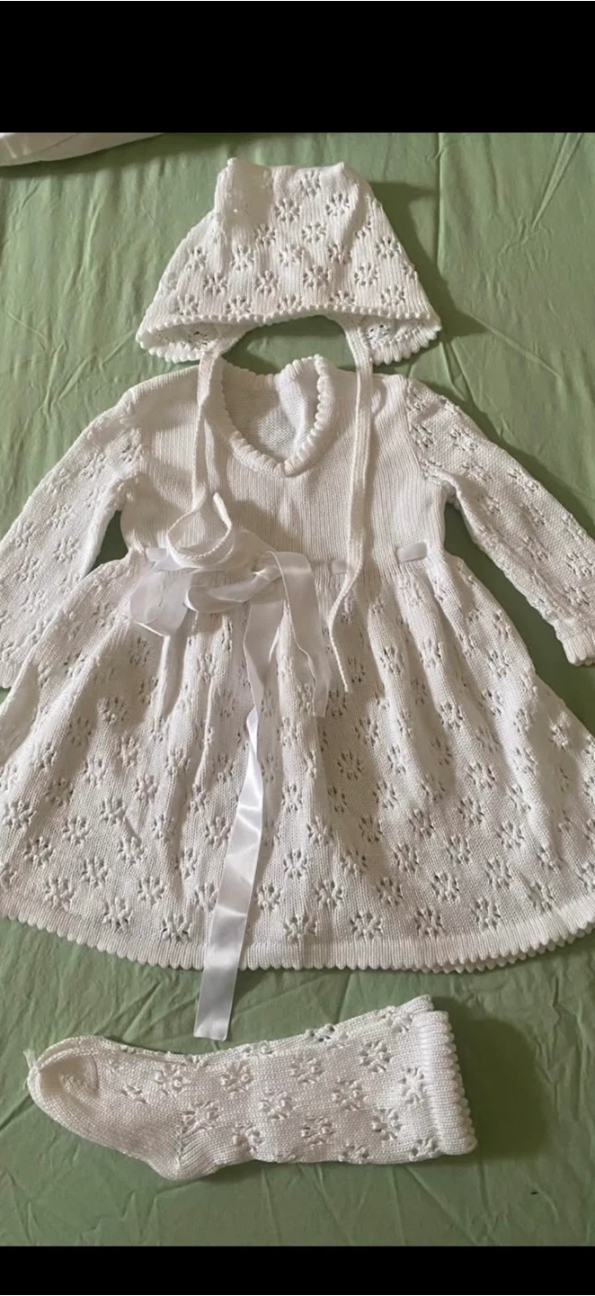 White Knit Christening Gown, Bonnet, and Socks Set - photo 5