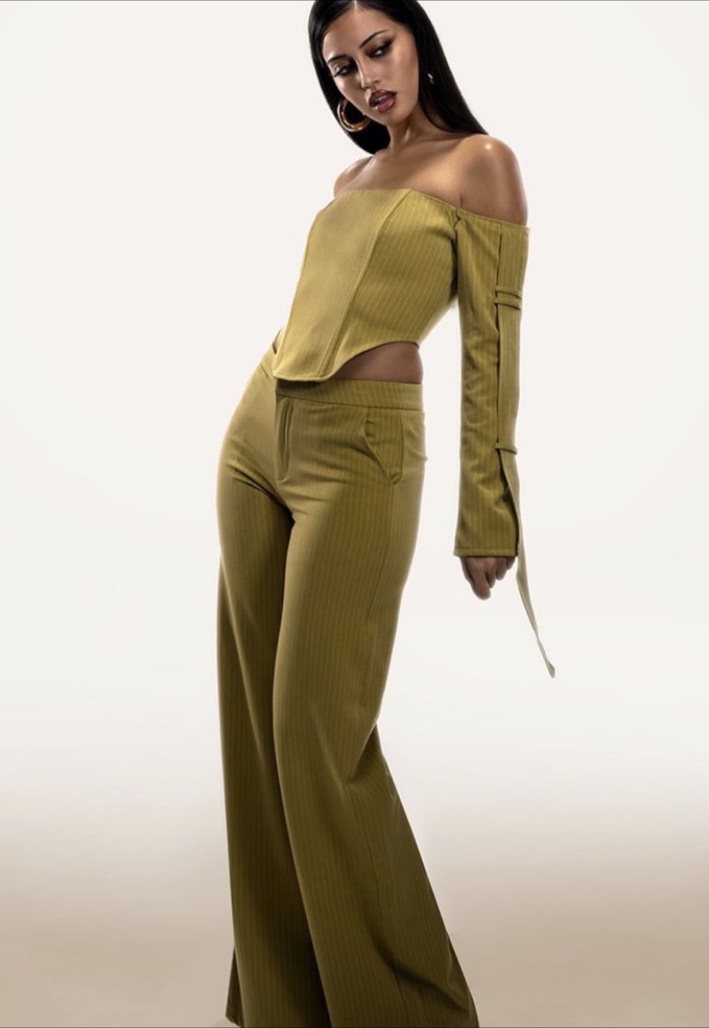 PLT Label Off-the-Shoulder Corset Top & Wide Leg Pants Set