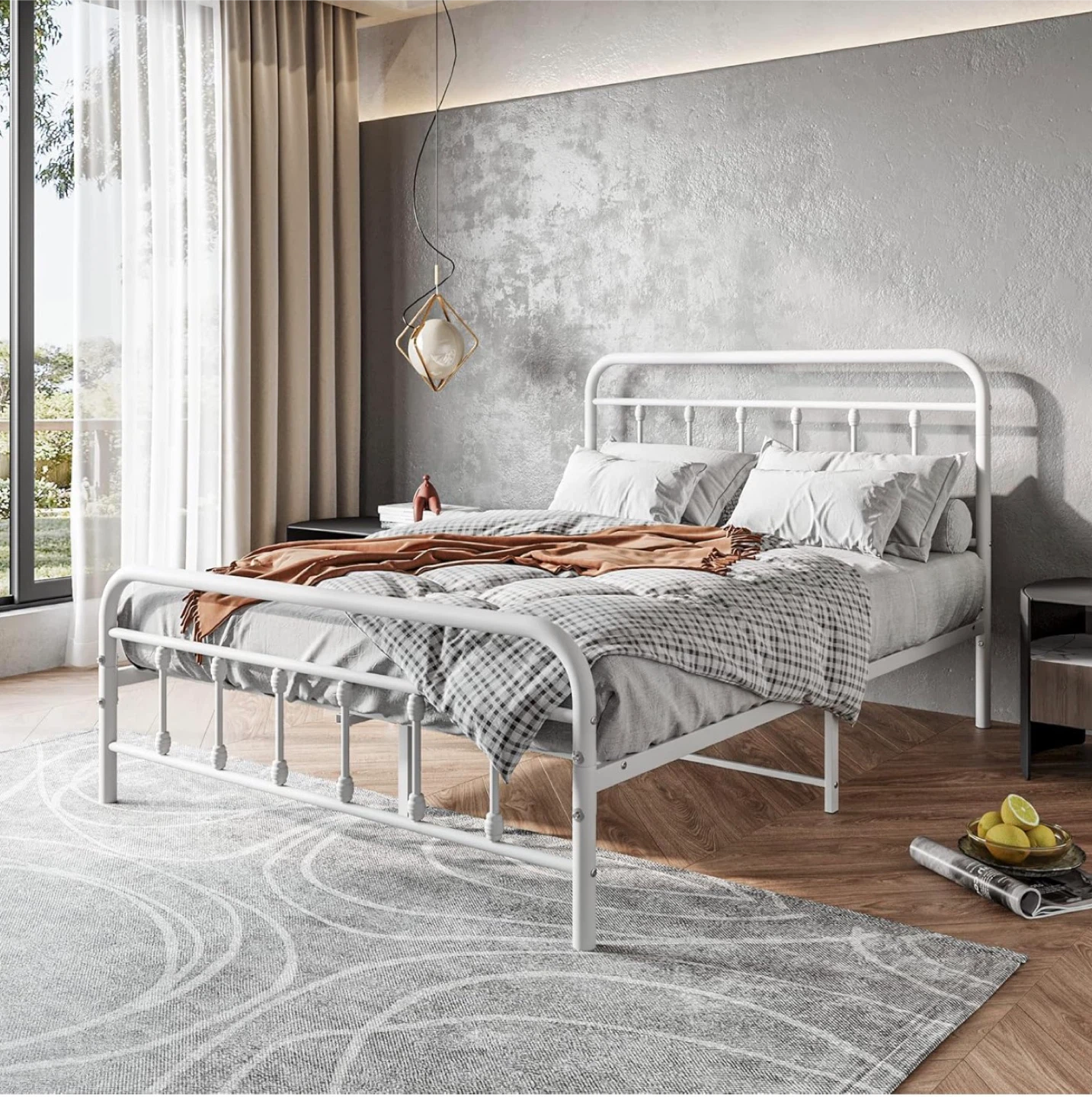 White Metal Bed Frame with charging station - Queen Size