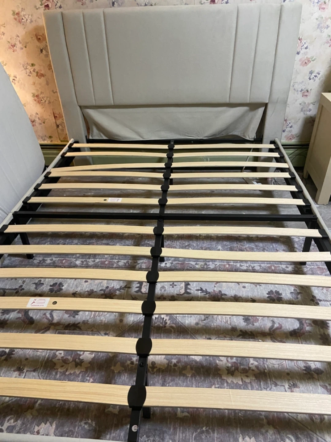 Light Ivory Upholstered Headboard and Bed Frame