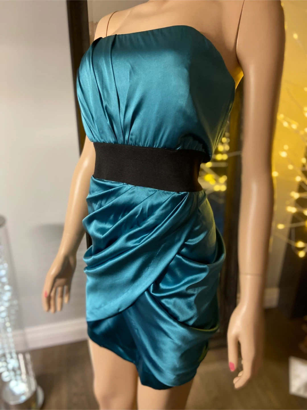 NWT Teal Stretchy Strapless Ruched Mini Dress with Black Band L