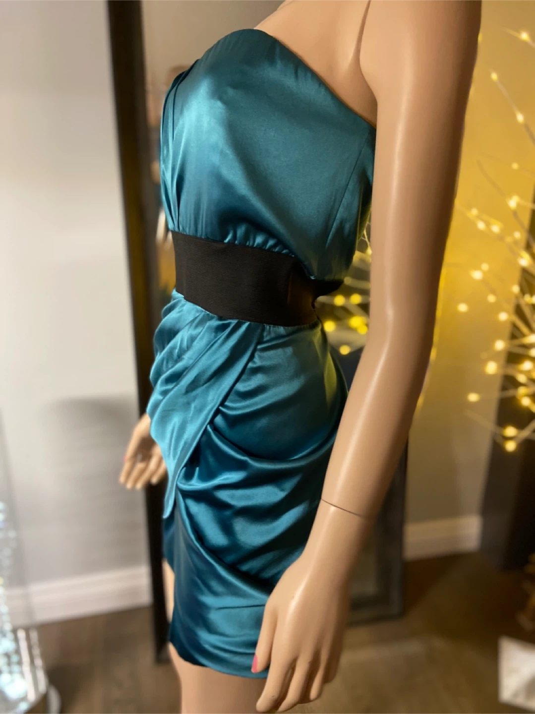 NWT Teal Stretchy Strapless Ruched Mini Dress with Black Band L - photo 3