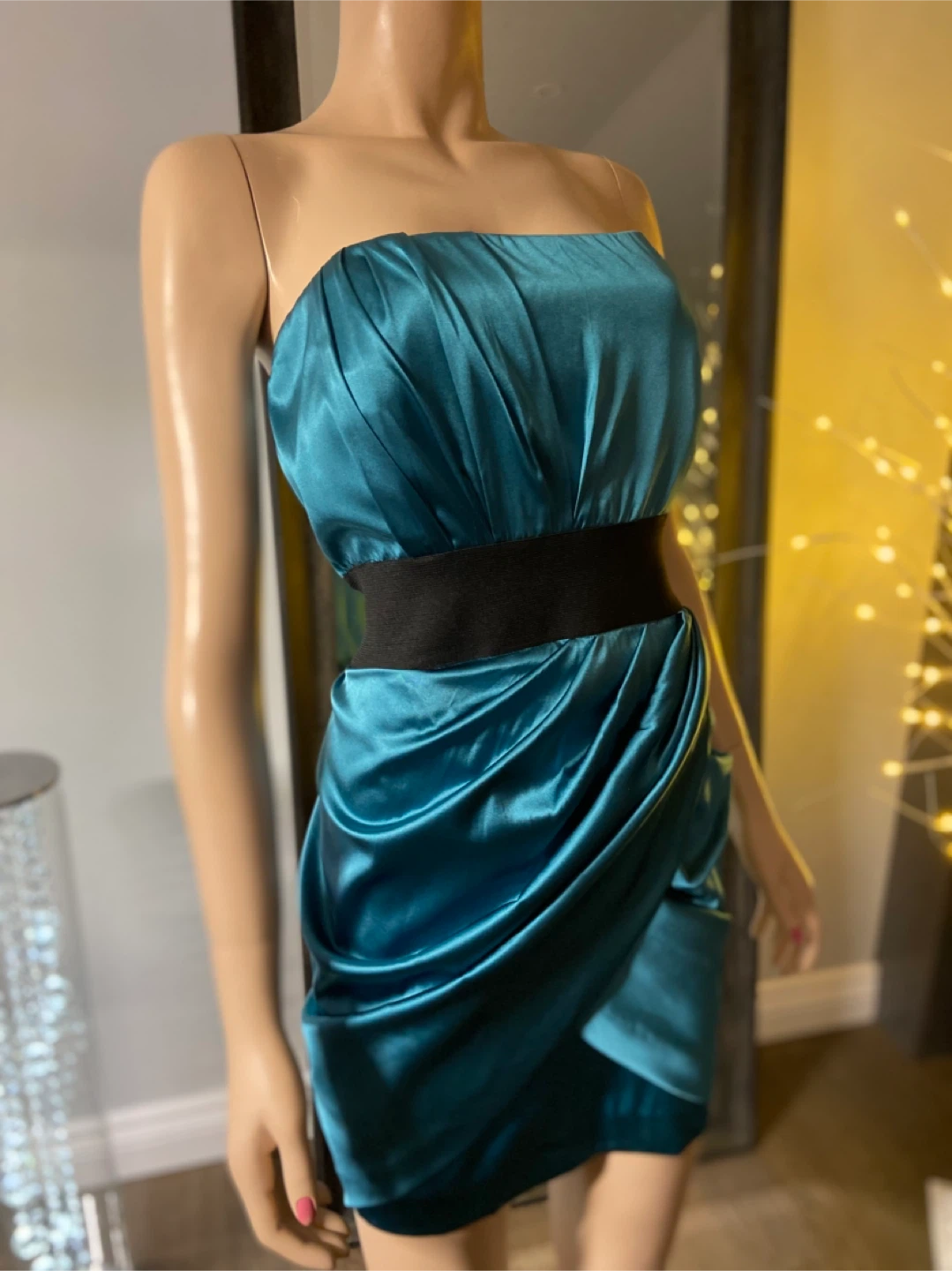 NWT Teal Stretchy Strapless Ruched Mini Dress with Black Band L - photo 4