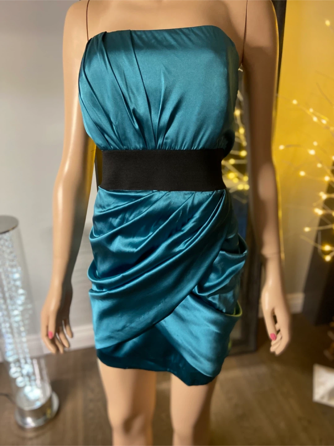 NWT Teal Stretchy Strapless Ruched Mini Dress with Black Band L - photo 2