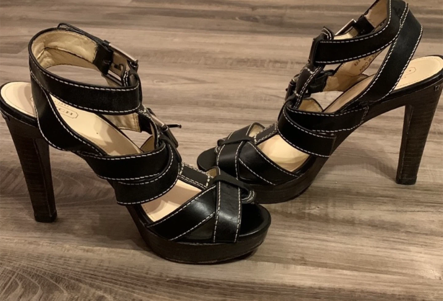 Coach Black Leather Strappy Platform Heeled Sandals