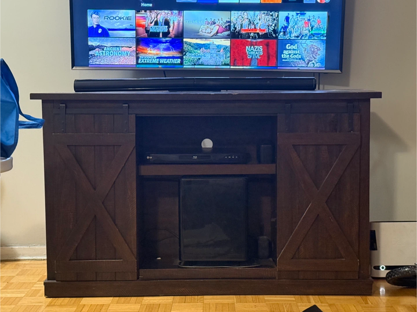 Dark Wood Farmhouse TV Stand with Barn Doors
