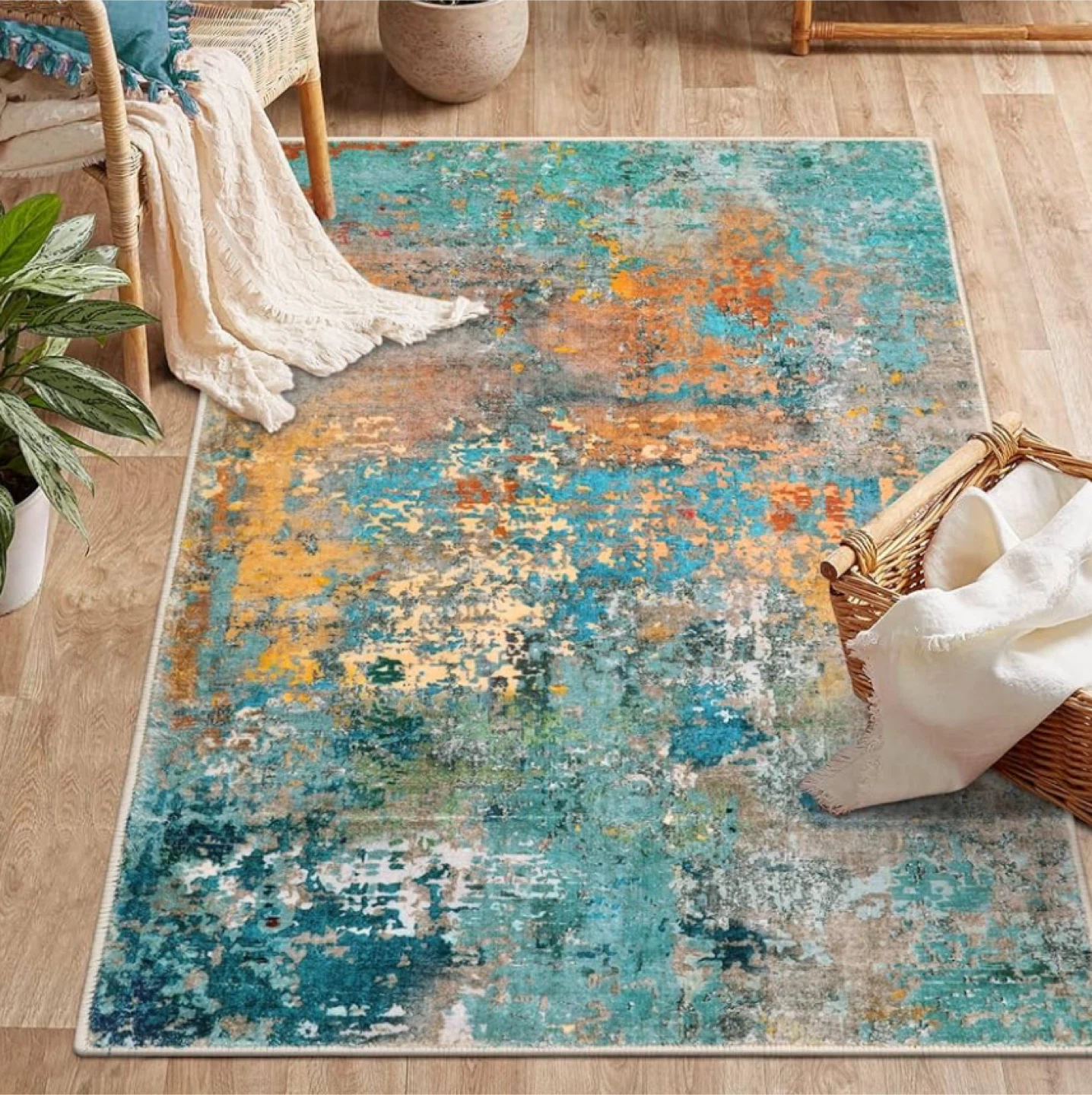 Abstract Teal Orange Area Rug 3x5. NEW