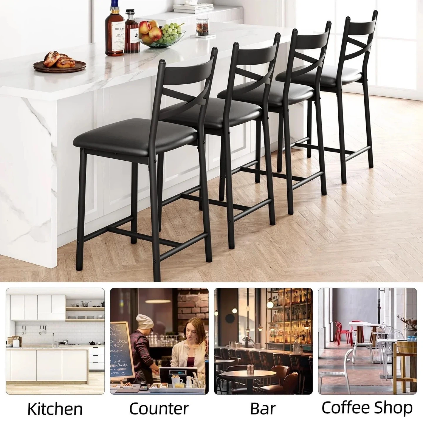 Set of 4 Black Counter Height Bar Stools with Cushioned Seat