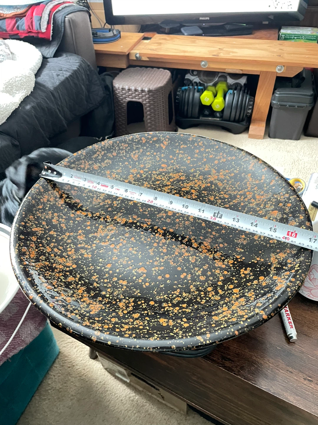 Large 16” Decorative Ceramic  Bowl - Black with Gold Flecks