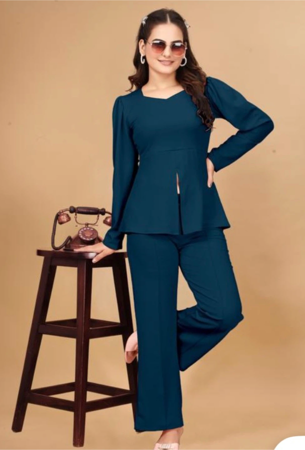 Teal Long Sleeve Peplum Top and Pants Set