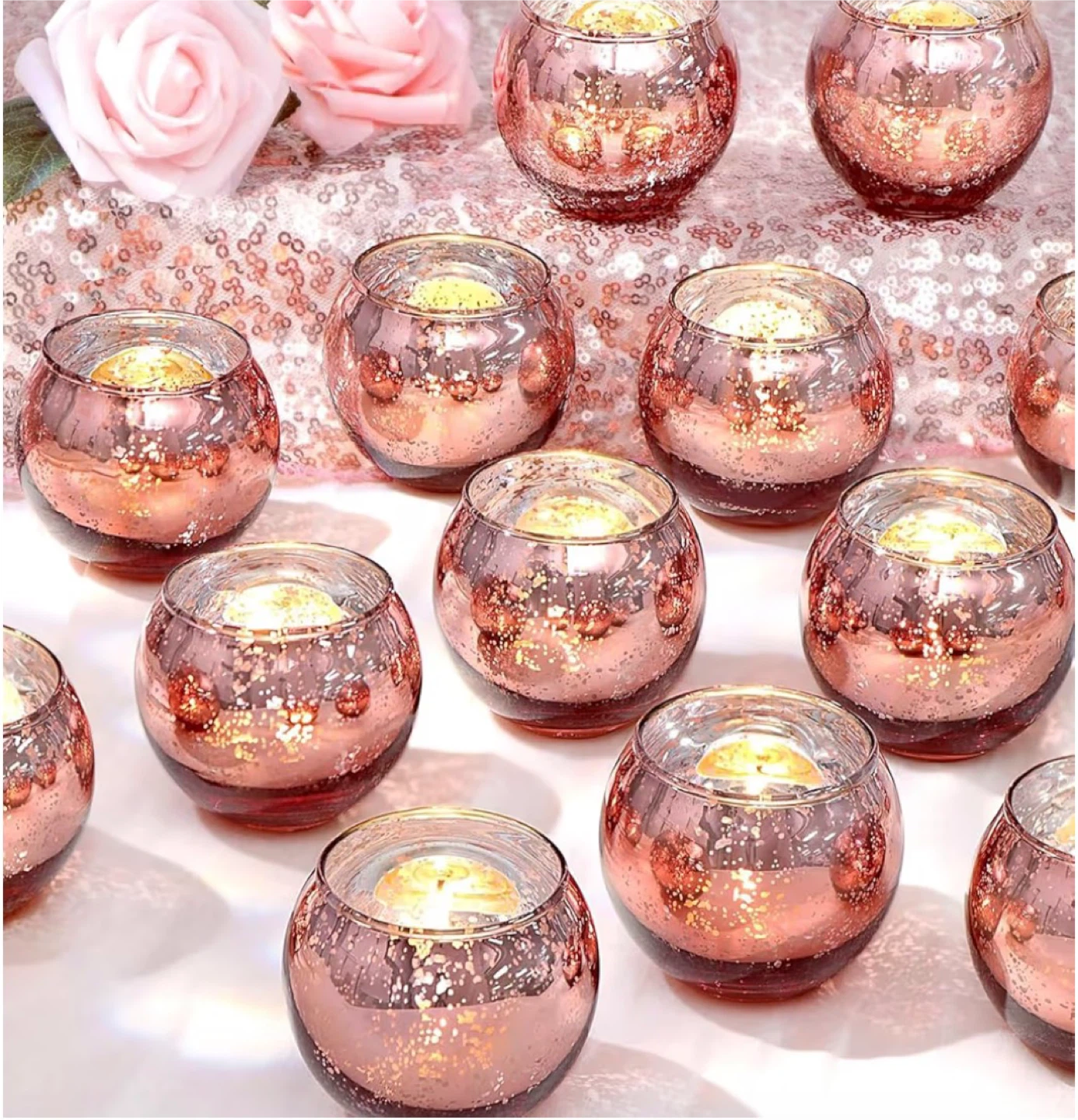 Rose Gold Mercury Glass Votive Holders - Set of 12