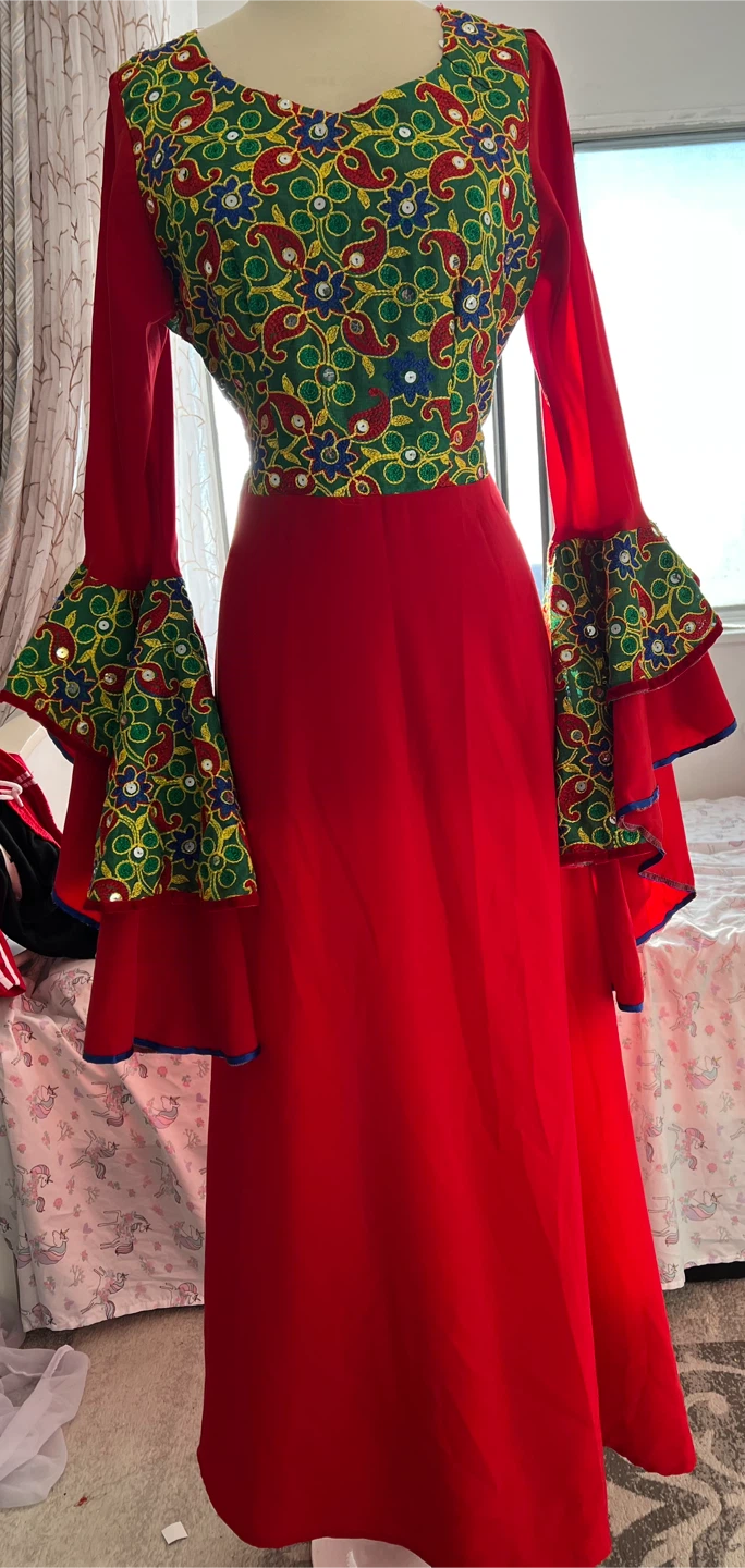 Red Maxi Dress with Embroidered Bodice and Bell Sleeves