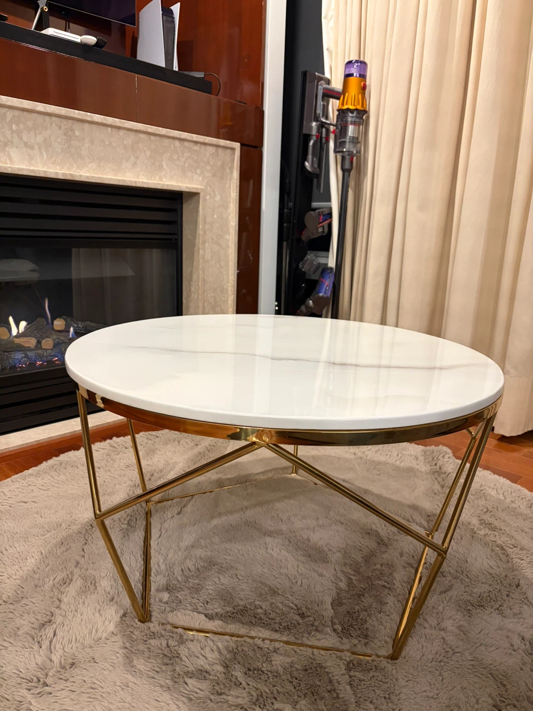 White Marble Round Coffee Table (32” diameter) with Gold Base