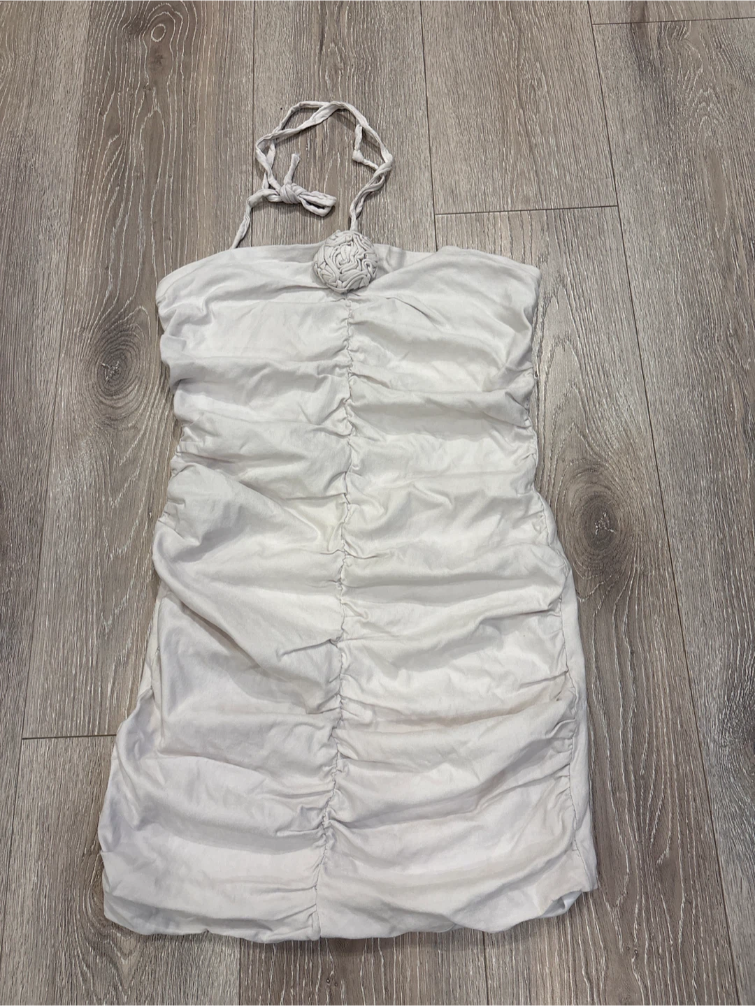White Ruched Halter Dress with Rose Detail - photo 2