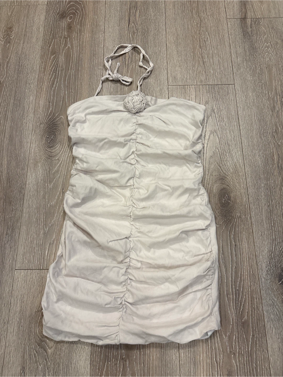 White Ruched Halter Dress with Rose Detail