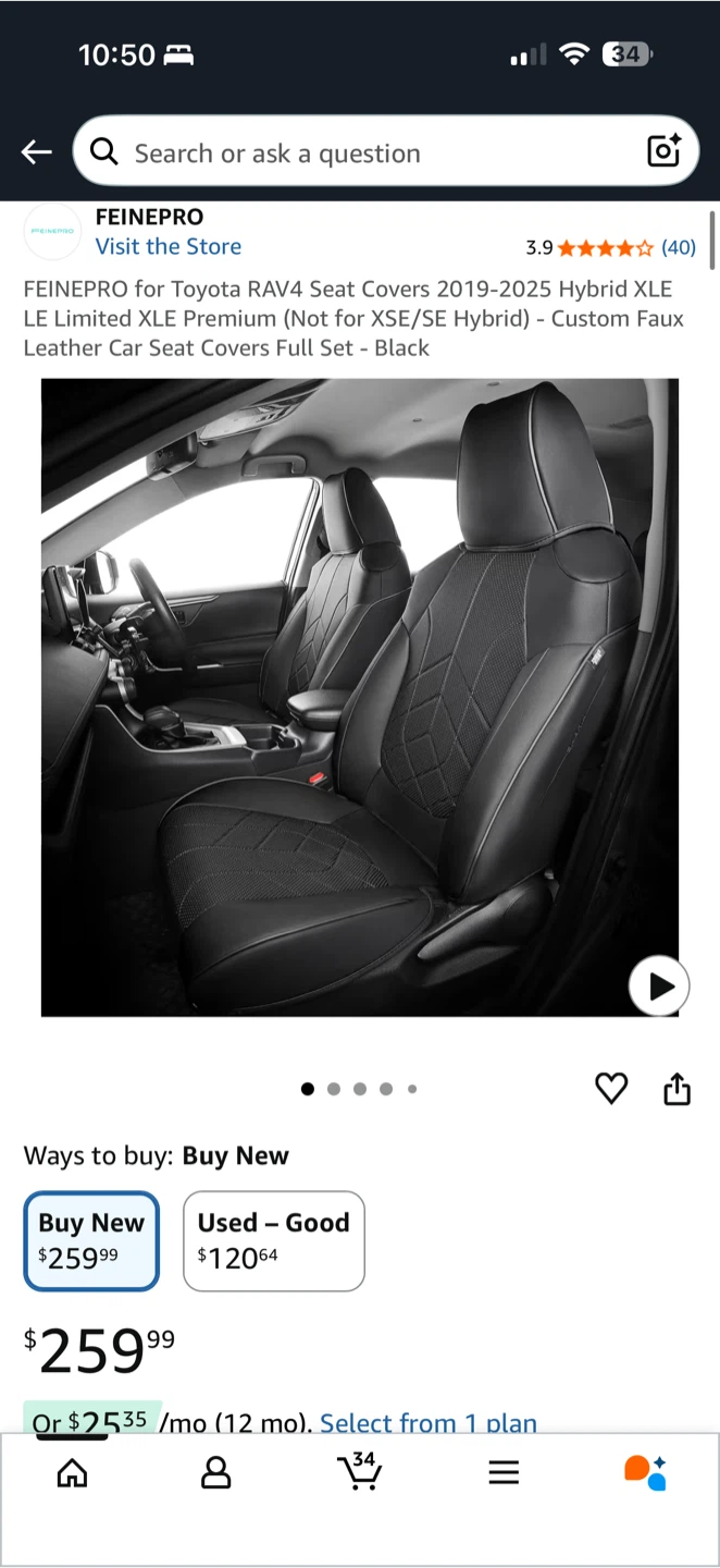 Toyota RAV4 2019–2025 Custom Seat Covers — NEW — $180