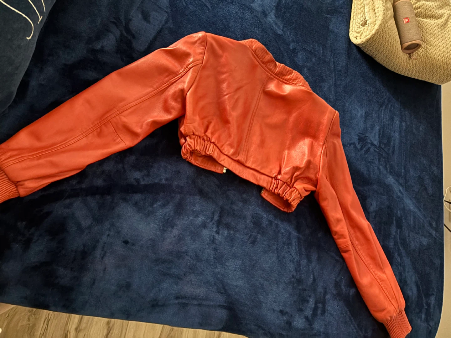 Orange Leather Cropped Bomber Jacket - photo 3