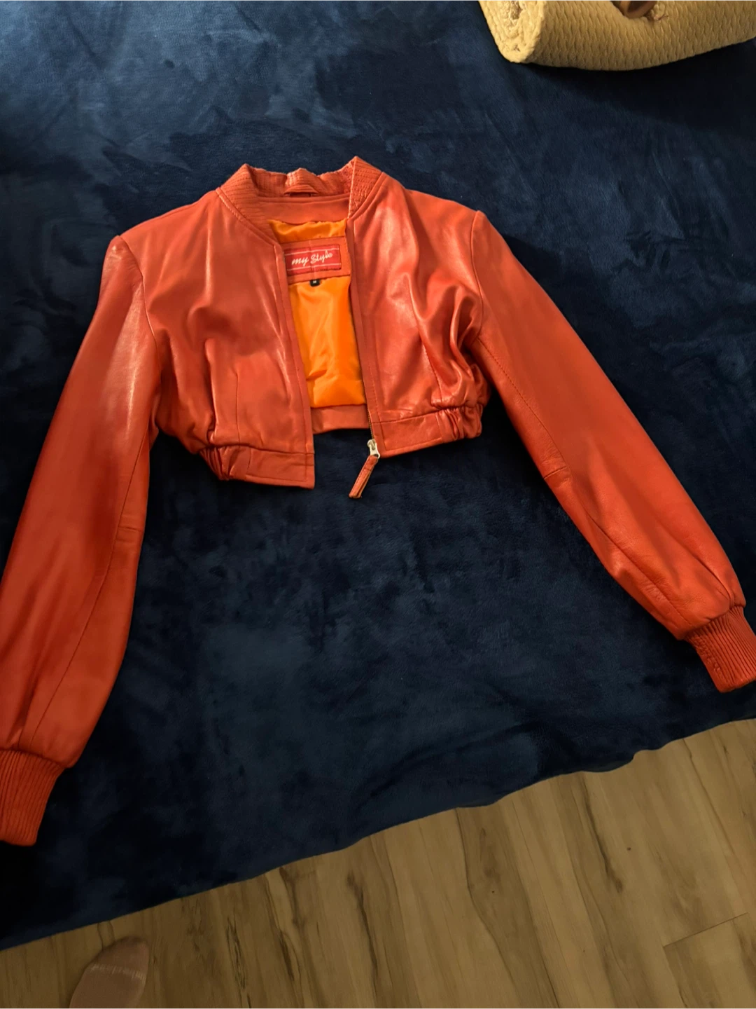 Orange Leather Cropped Bomber Jacket