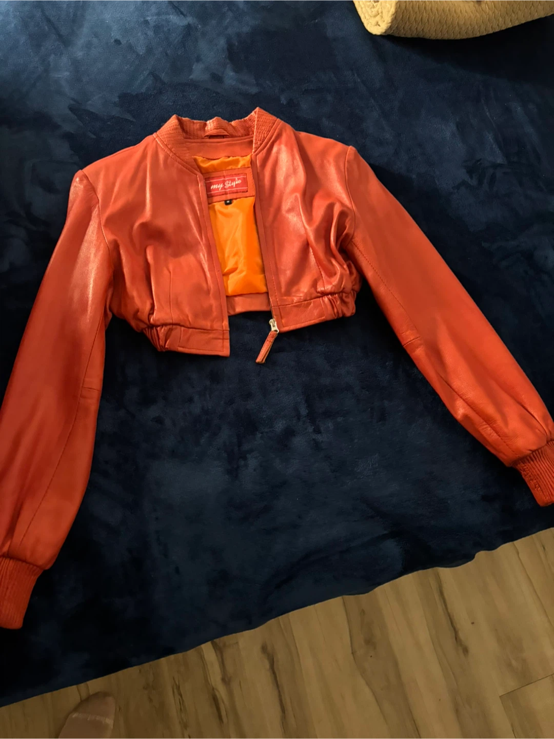 Orange Leather Cropped Bomber Jacket - photo 2