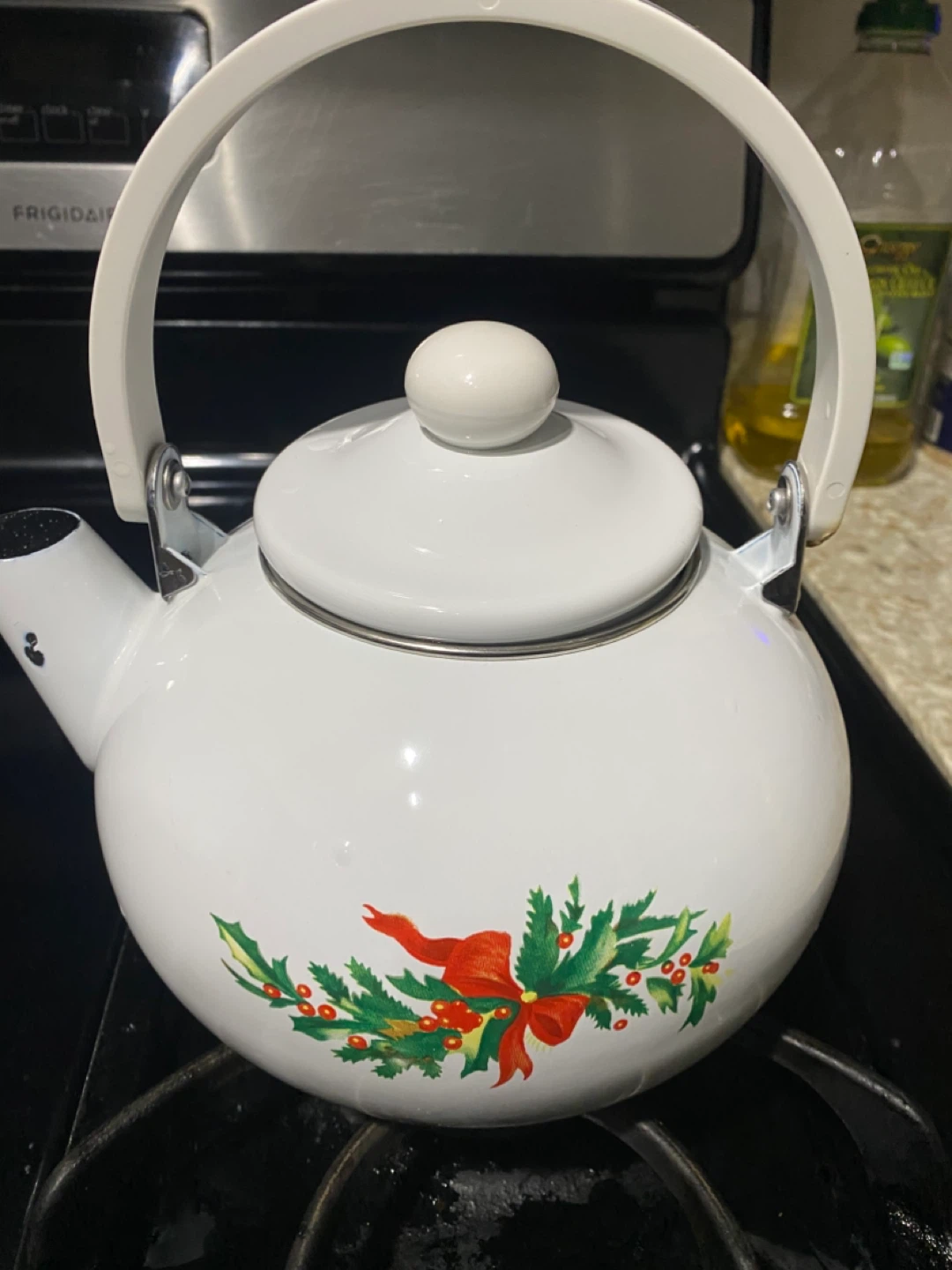 White Enamel Kettle with Christmas Wreath Design
