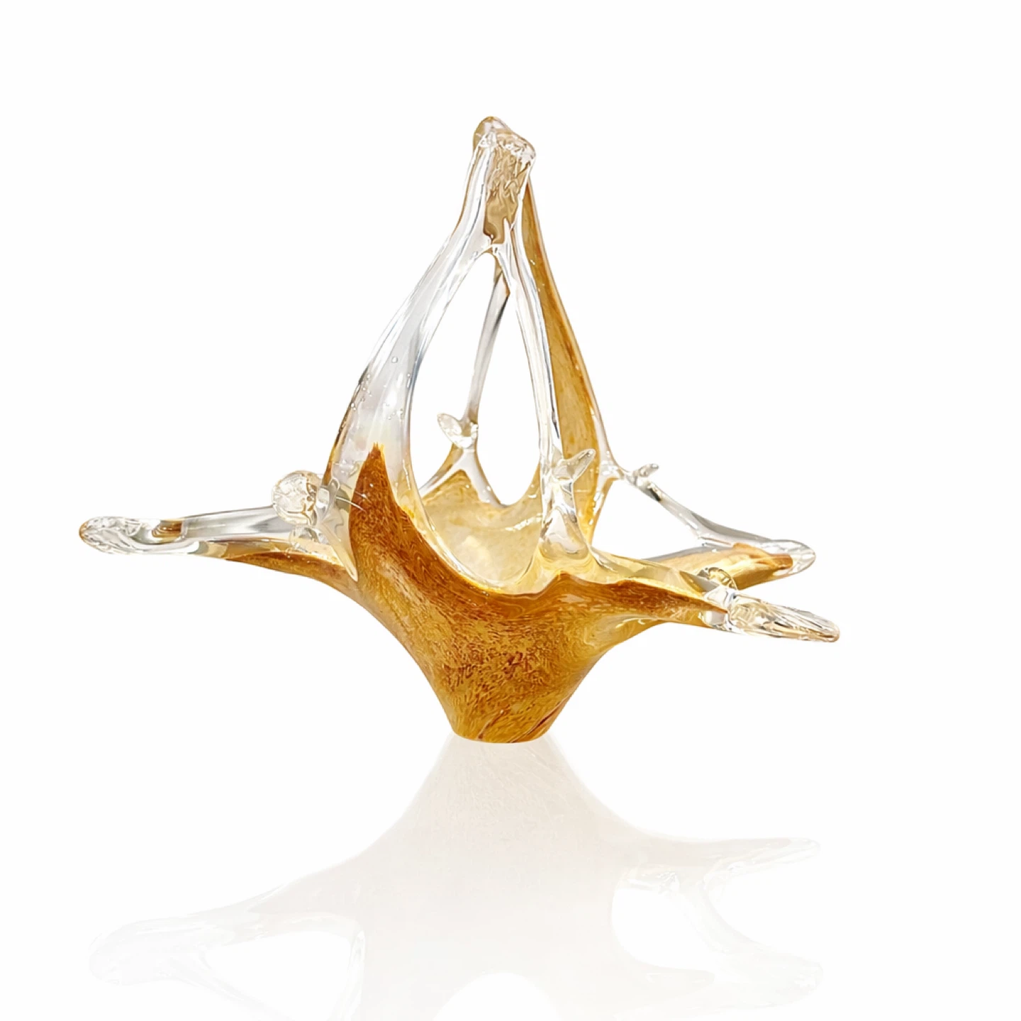 Heavy Hand-Blown Art Glass Basket, Amber & Clear, 9.75” - photo 2