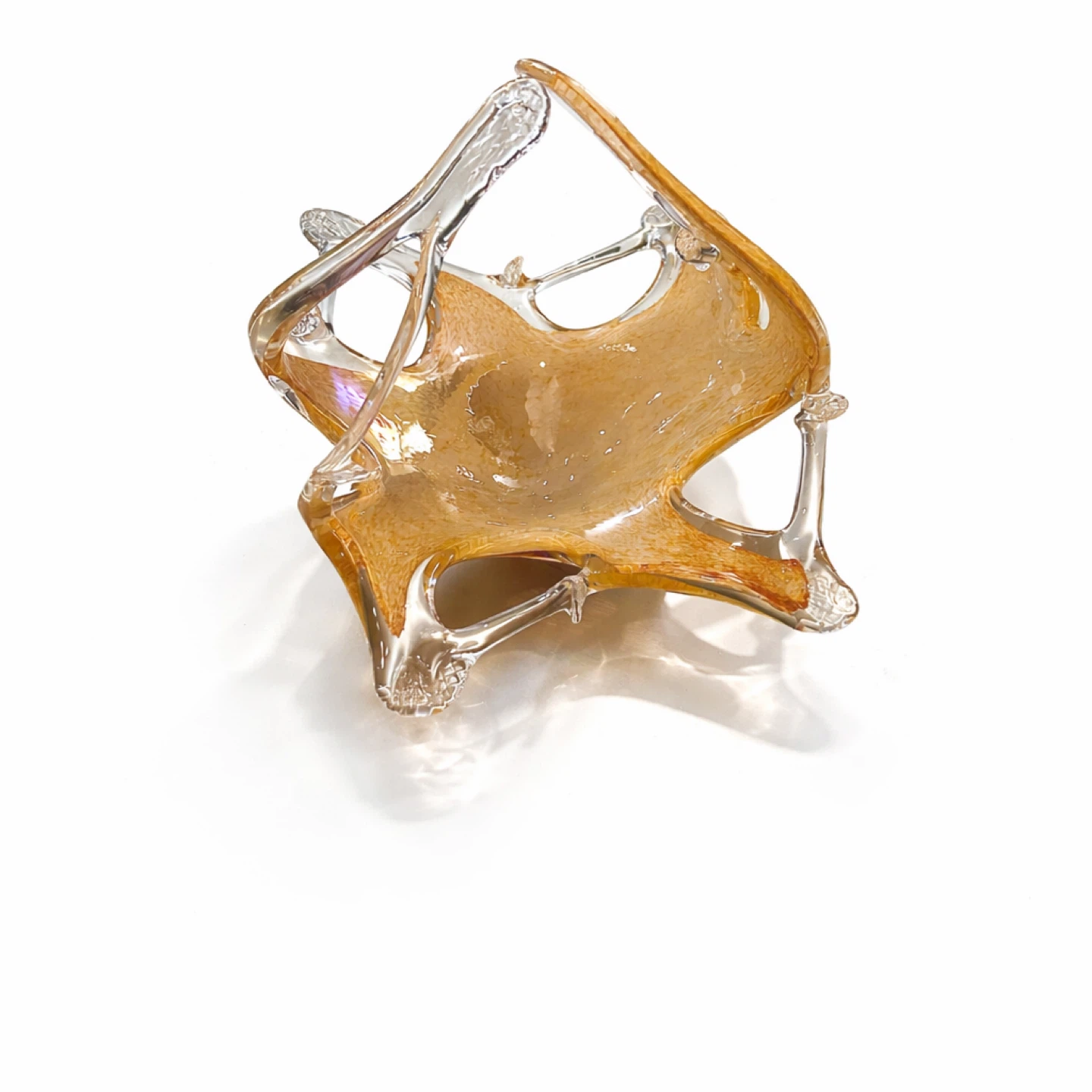 Heavy Hand-Blown Art Glass Basket, Amber & Clear, 9.75”