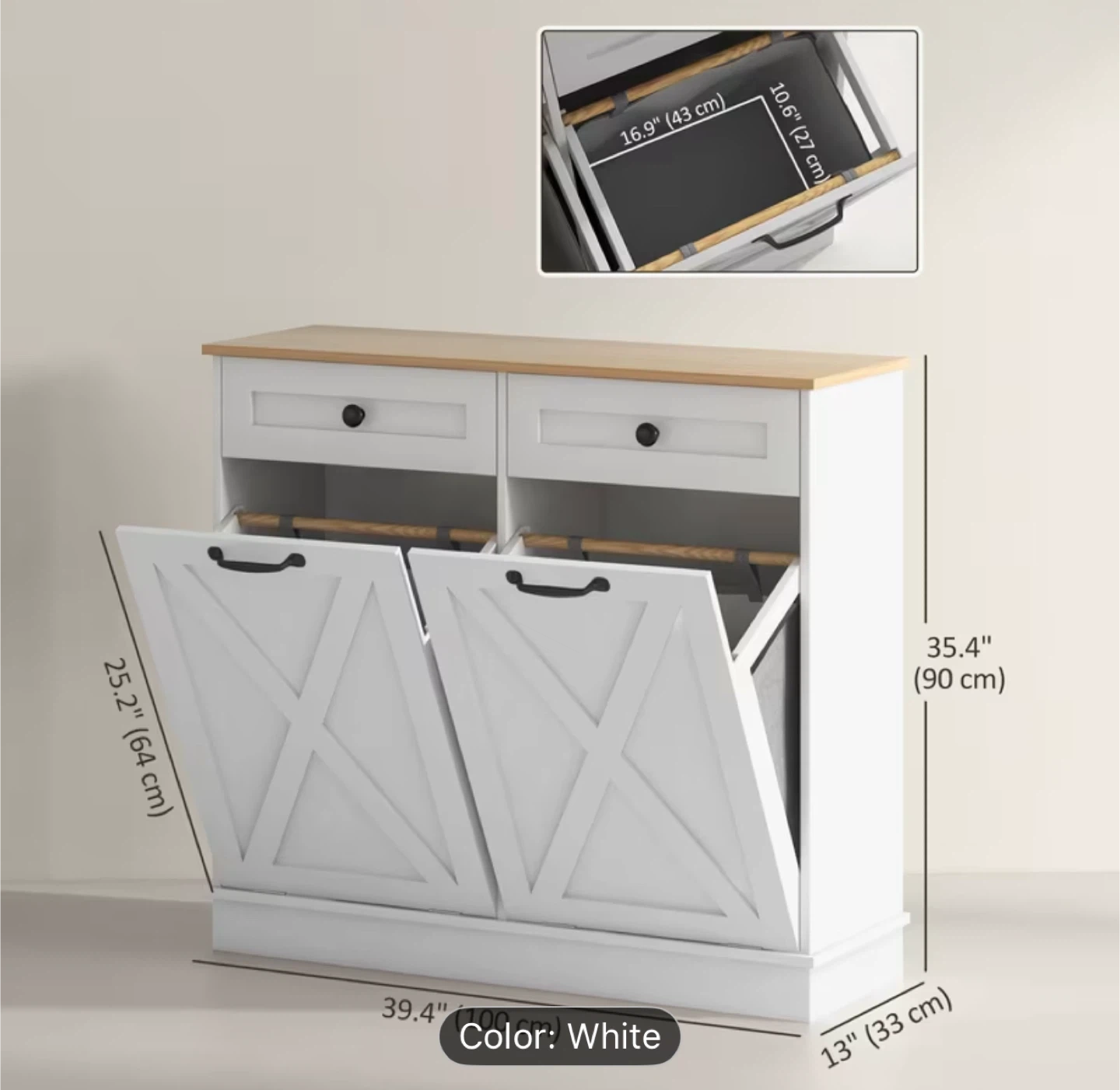 White Laundry Hamper Cabinet with Two Drawers