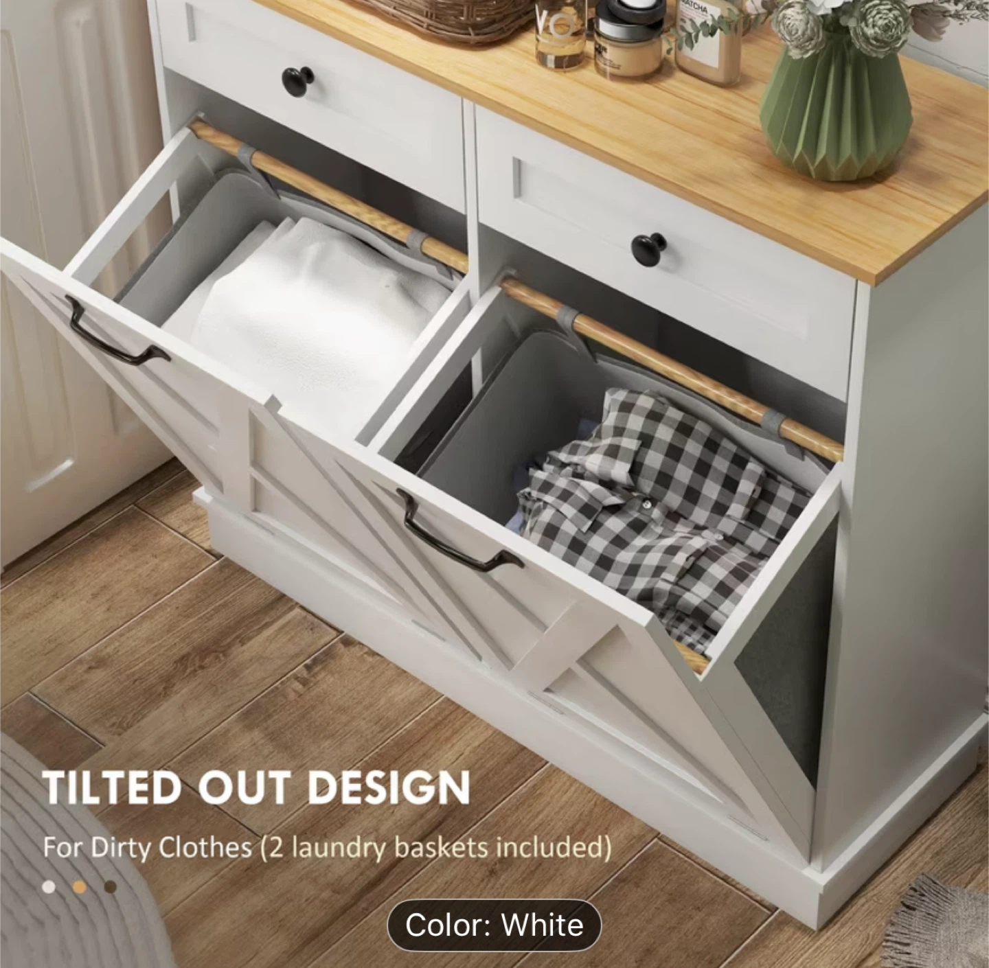 White Laundry Hamper Cabinet with Two Drawers - photo 2