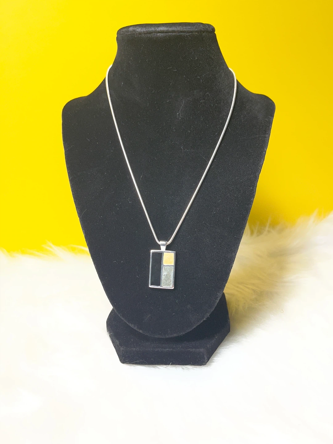 Silver-tone Pendant Necklace with Geometric Inlay