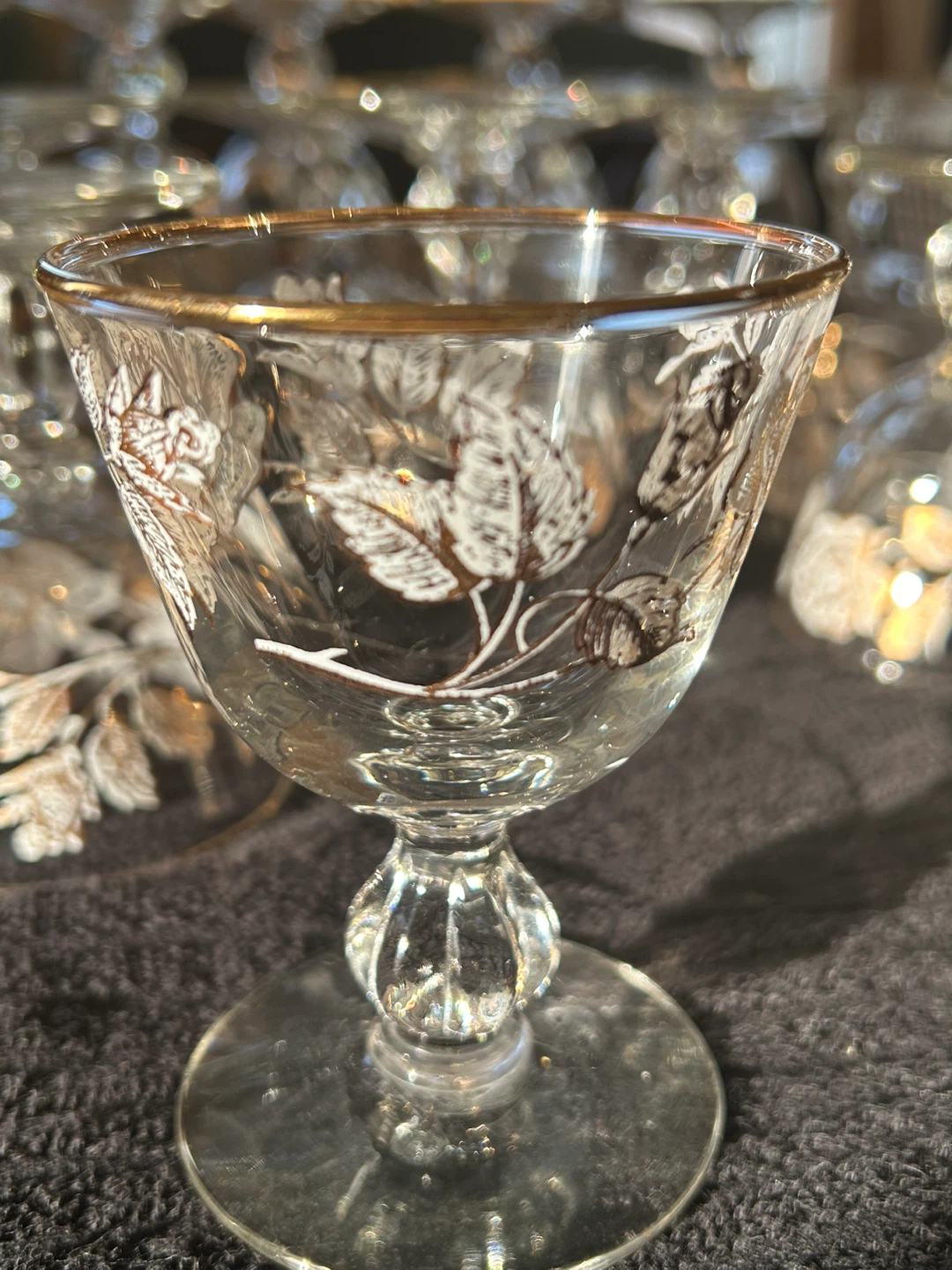 Set of 16 Vintage Etched Wine Glasses with Gold Rims