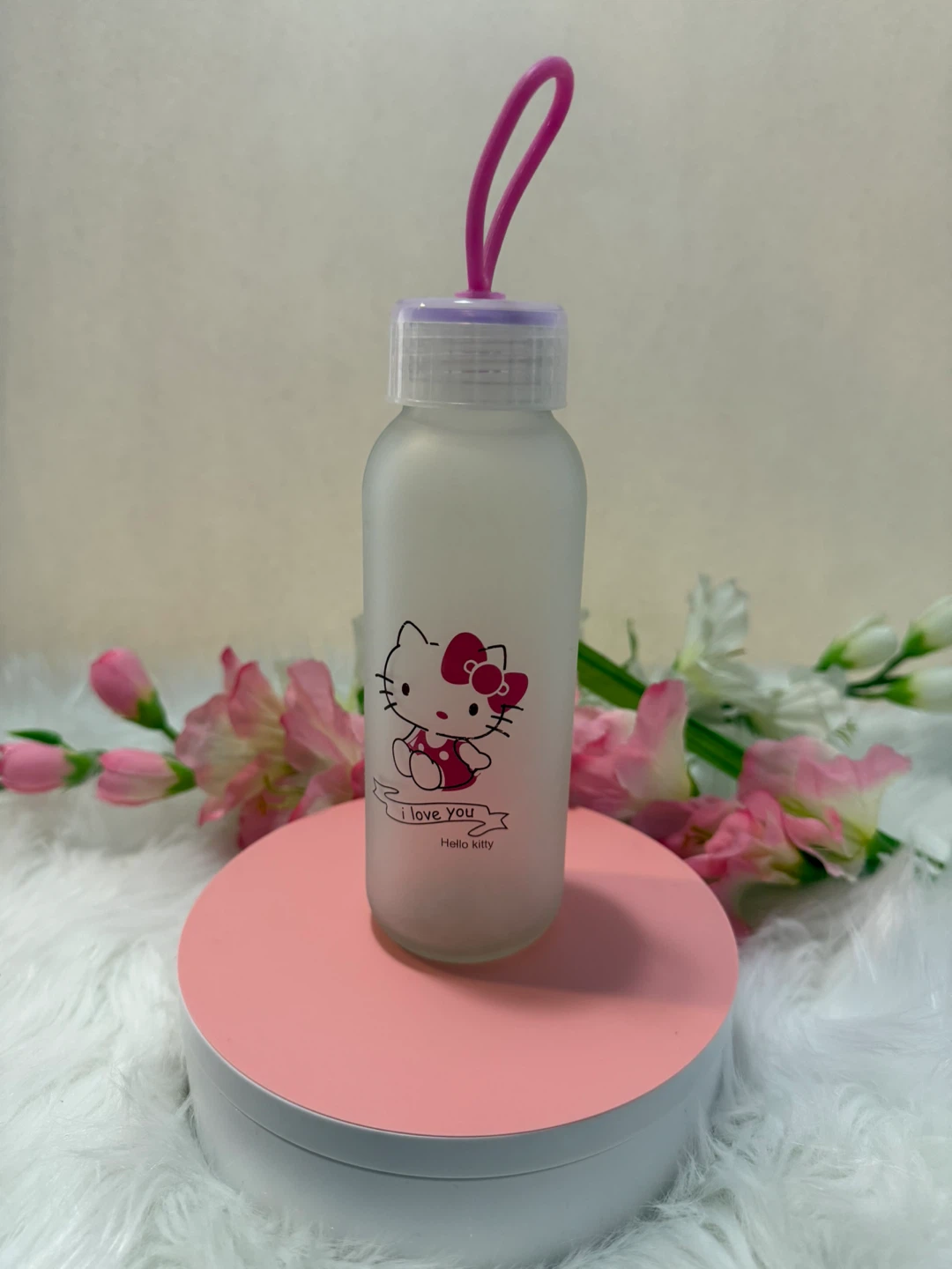 Hello Kitty Frosted Water Bottle with Pink Loop