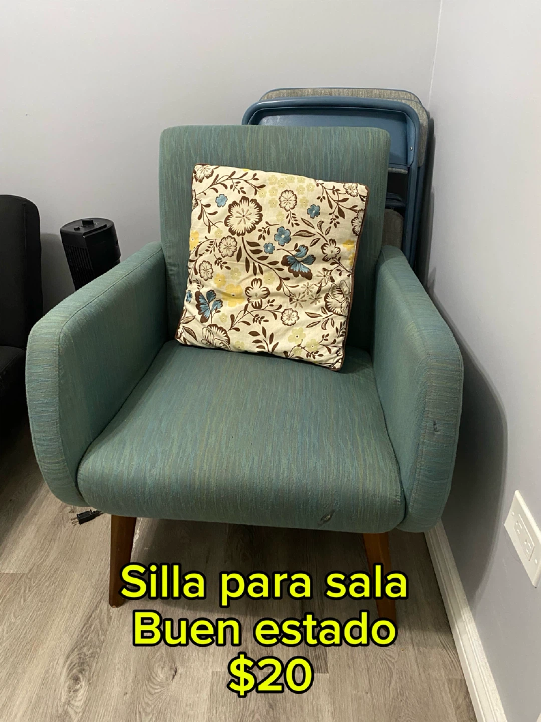 Teal Accent Chair with Floral Pillow