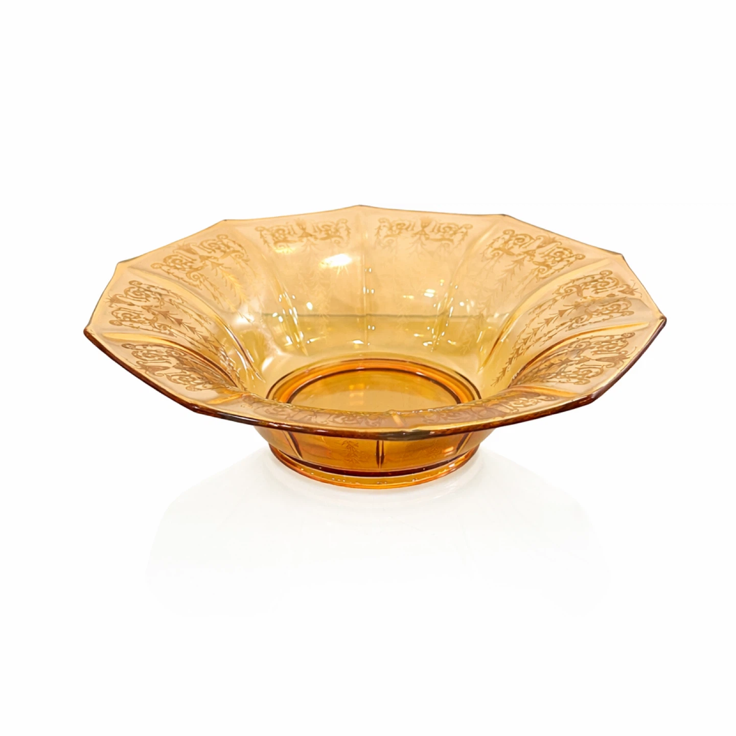 c.1935–1945 Cambridge Amber Etched Decagon Bowl, Triangle-C - photo 2