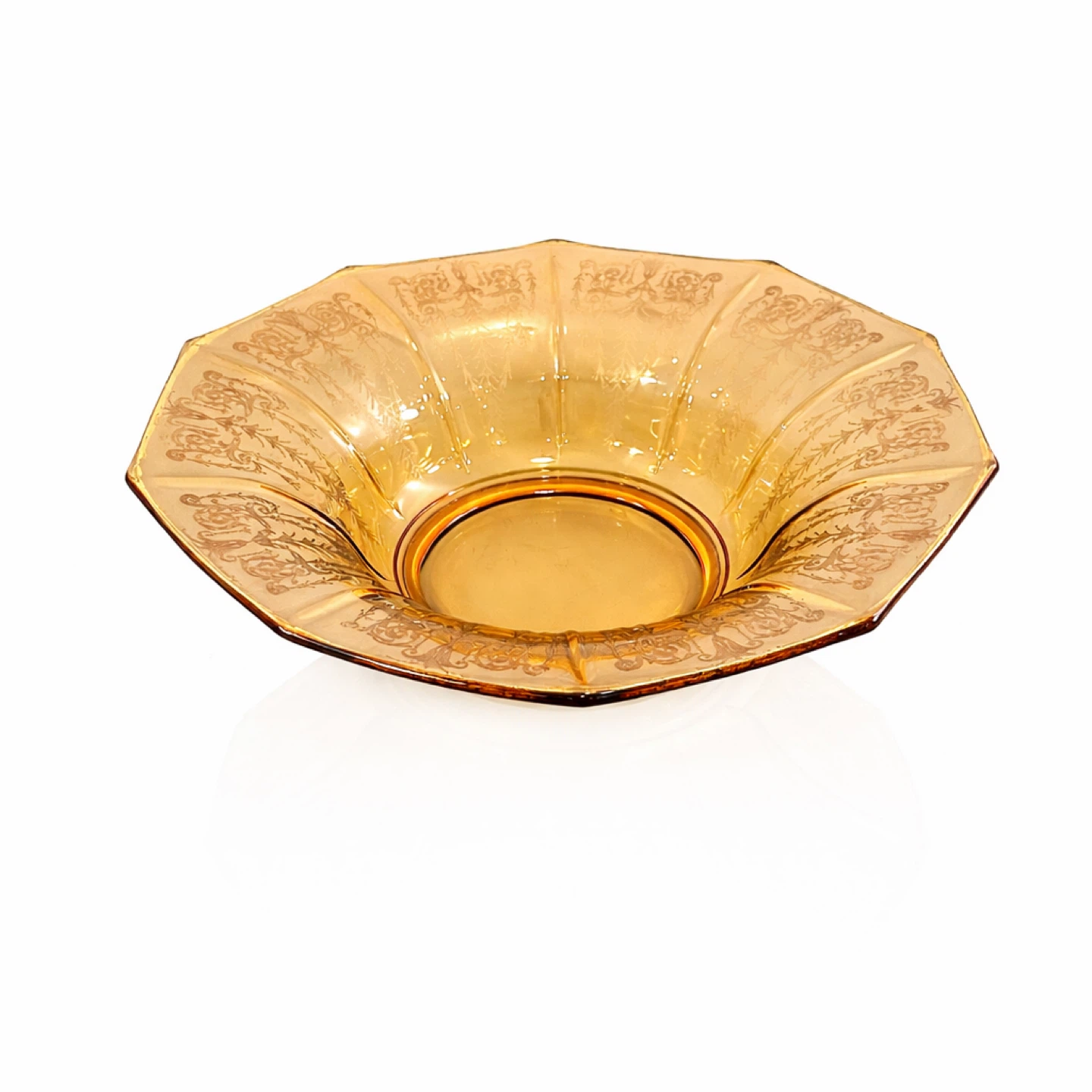 c.1935–1945 Cambridge Amber Etched Decagon Bowl, Triangle-C - photo 3