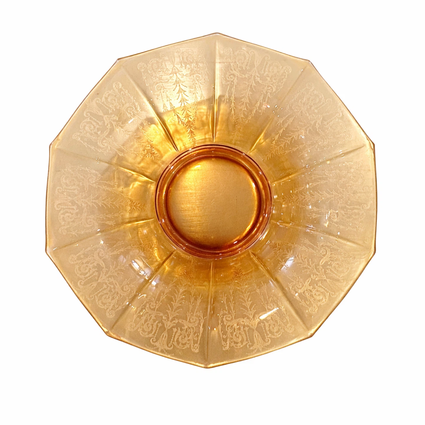 c.1935–1945 Cambridge Amber Etched Decagon Bowl, Triangle-C - photo 4