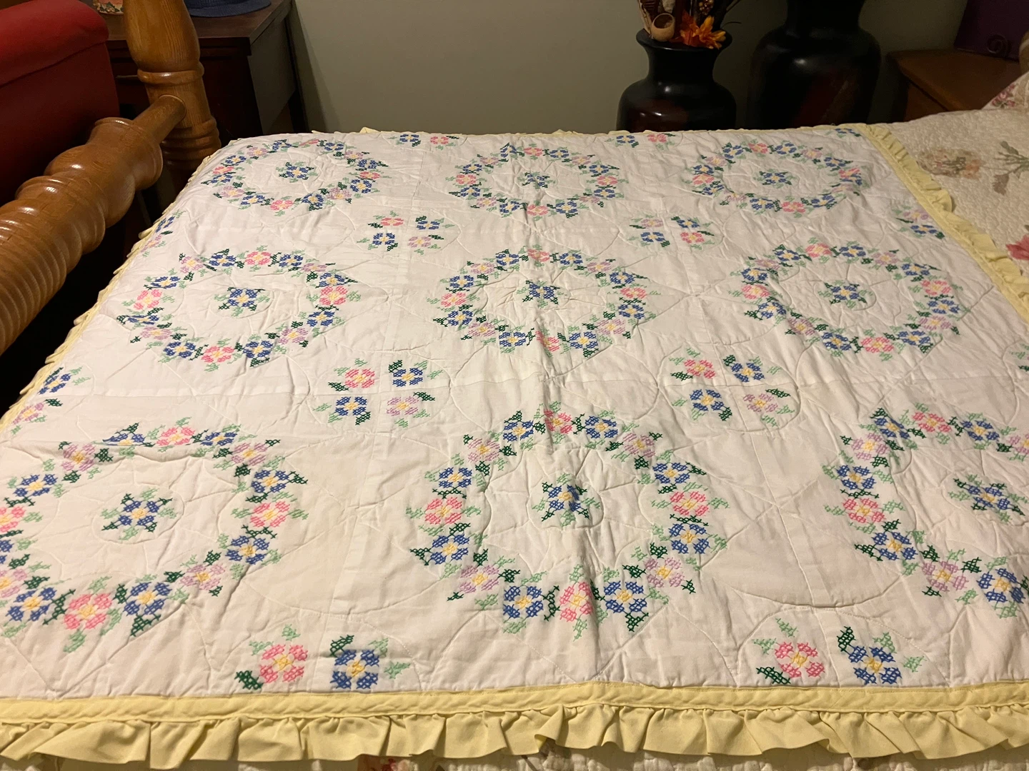 Handmade Quilted Bedspread with Floral Cross Stitch
