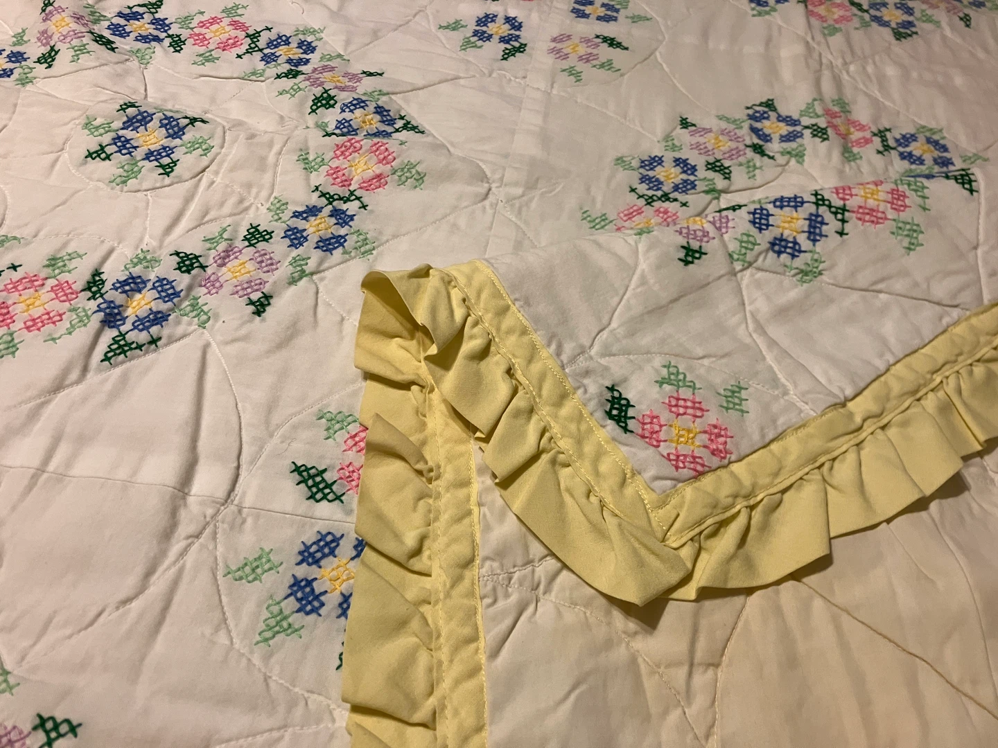Handmade Quilted Bedspread with Floral Cross Stitch - photo 2