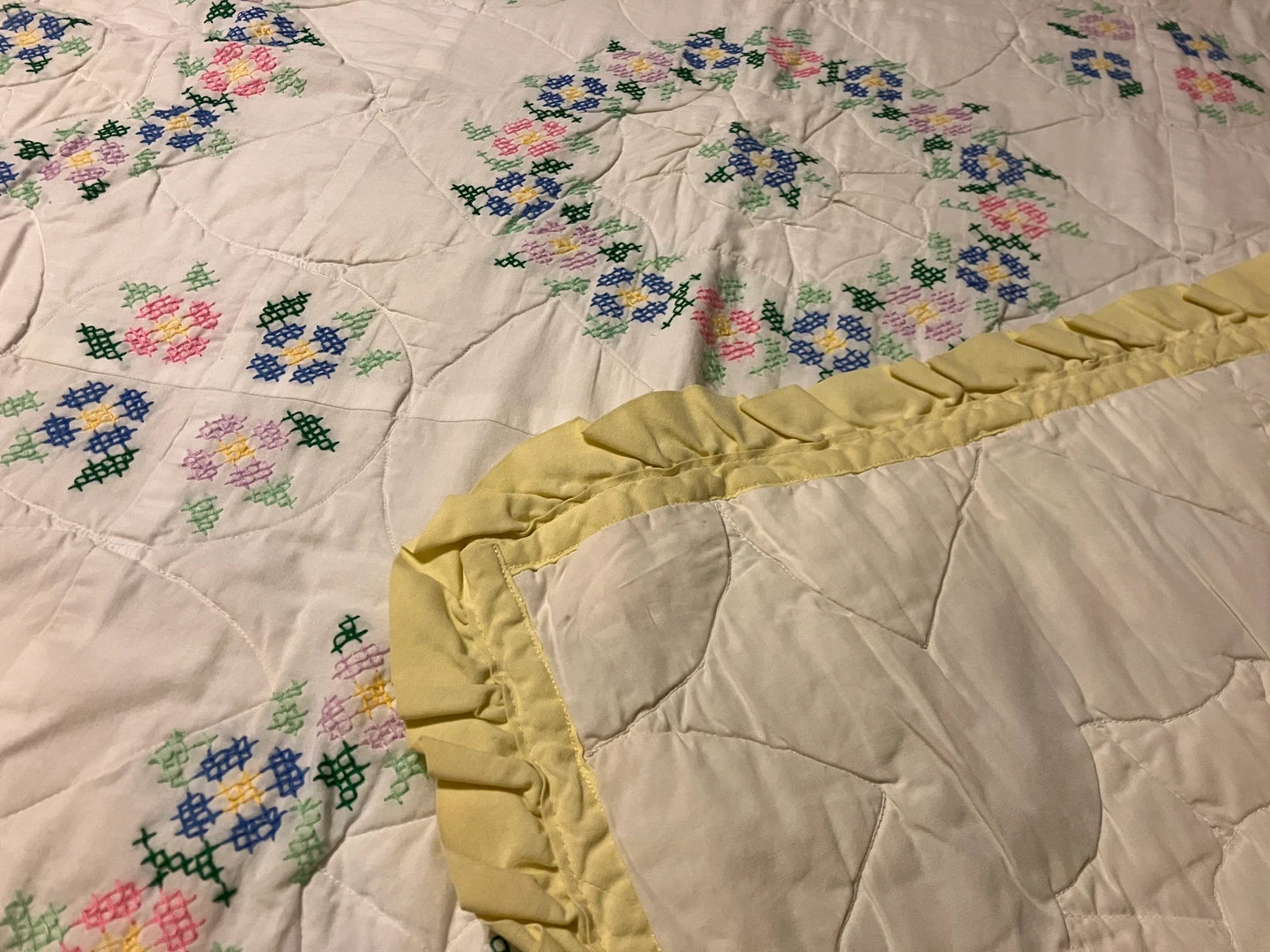 Handmade Quilted Bedspread with Floral Cross Stitch - photo 3