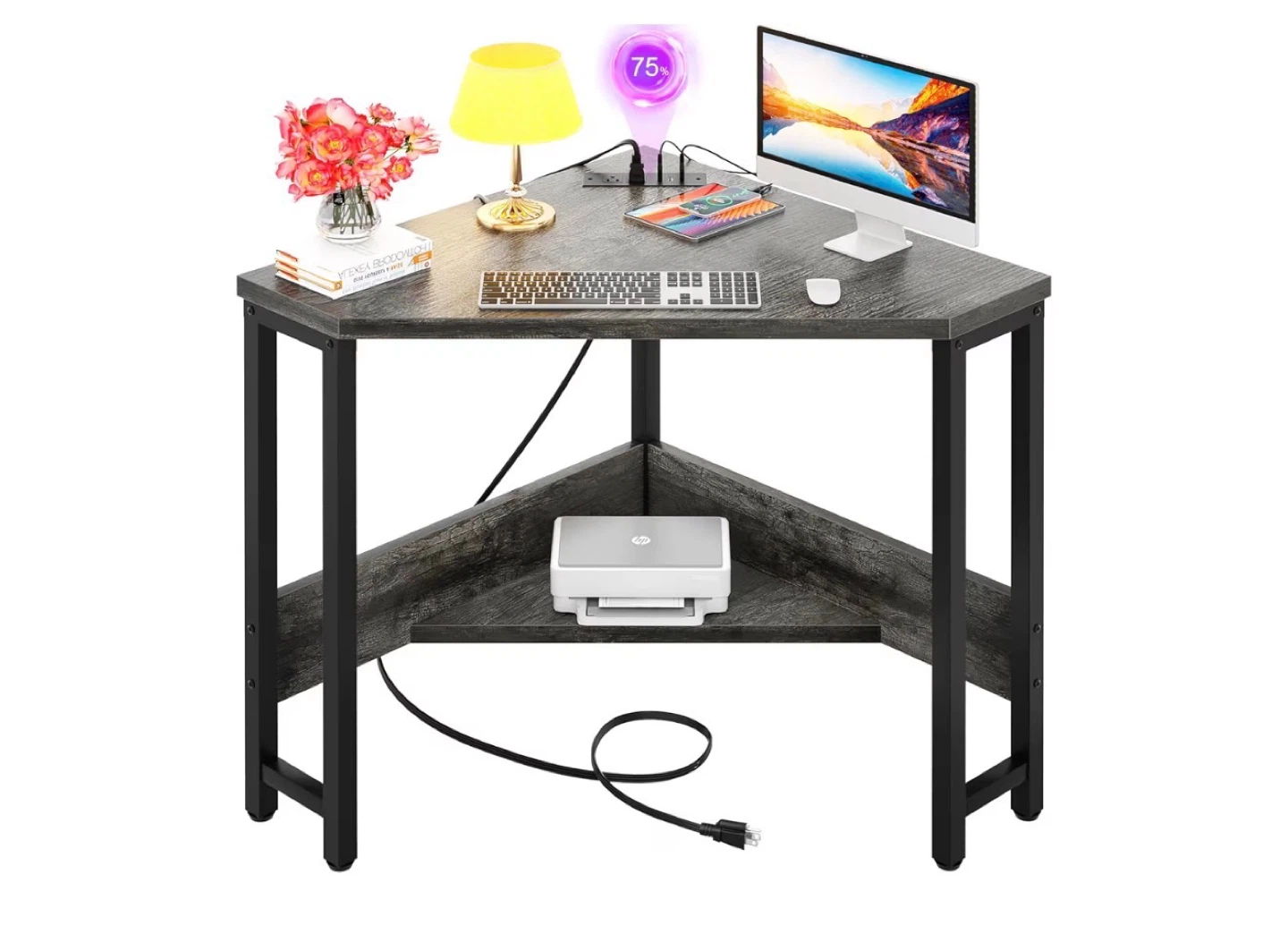 Corner Desk with Built-in Power Strip and Shelf - photo 4
