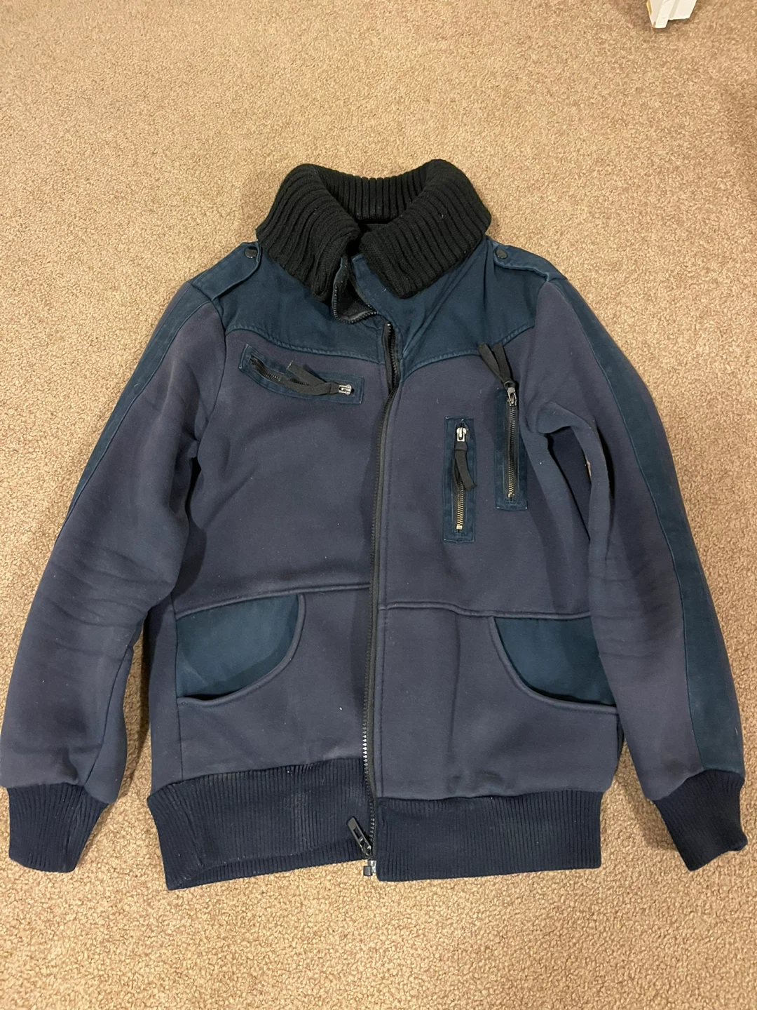 Navy Blue Bomber Jacket with Ribbed Collar