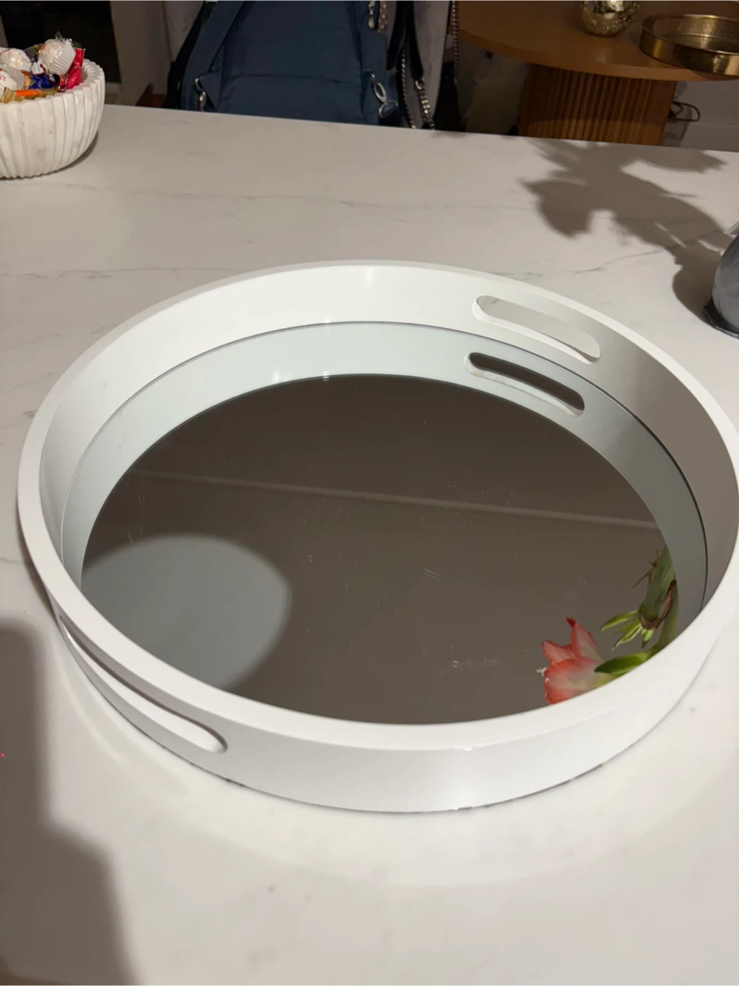 White Round Mirrored Serving Tray with Handles