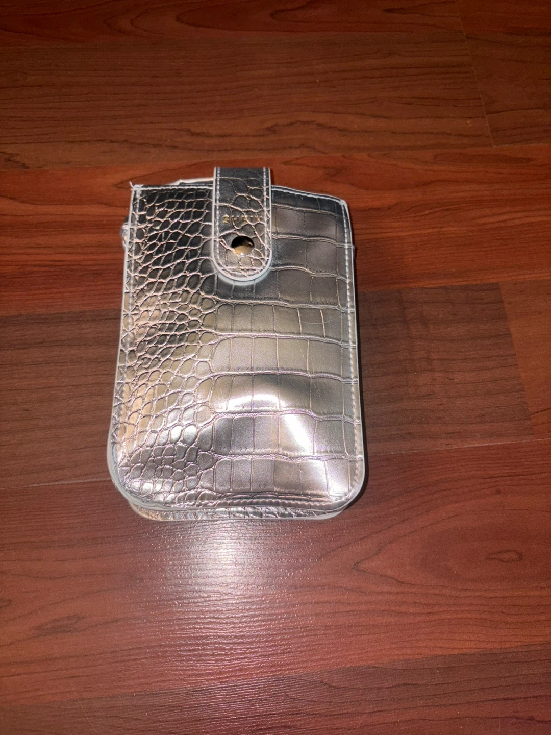 Silver Crocodile-Embossed Crossbody Phone Bag