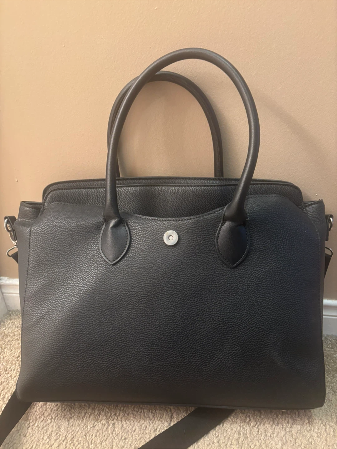 Black Faux Leather Tote Bag with Shoulder Strap